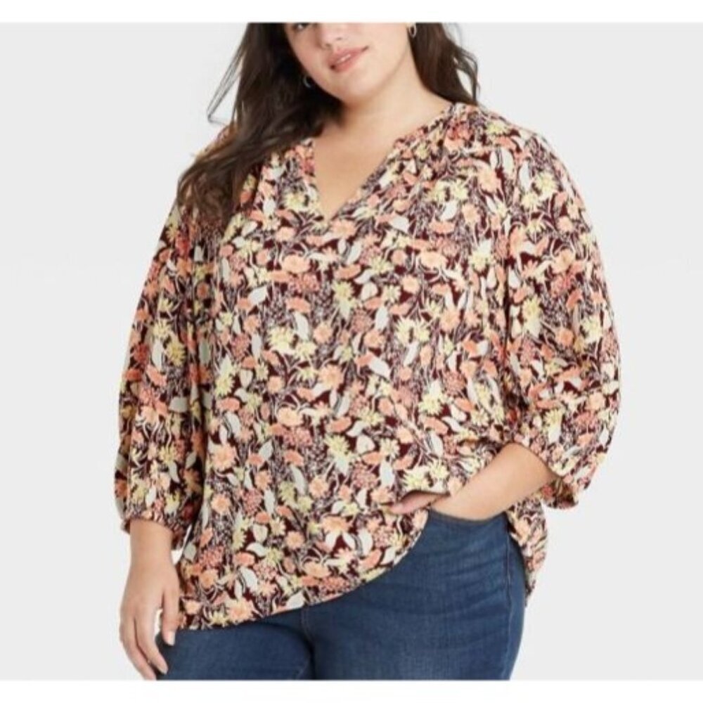 Ava & Viv Burgundy Floral Print Top  Size 1X